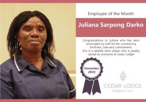 Employee of the Month at Cedar Lodge care home, Frimley Green, Camberley Surrey